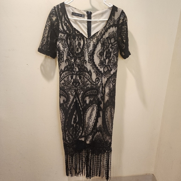 HOMEYEE Women's Black Bodycon Lace Fringe midi dress size 8 - Picture 5 of 12